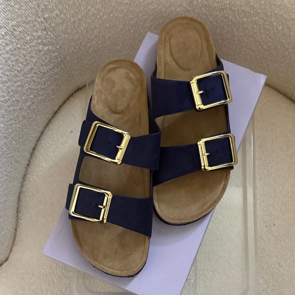 Madden Girl Navy Double-Buckle Slide Sandals with Gold Buckles
